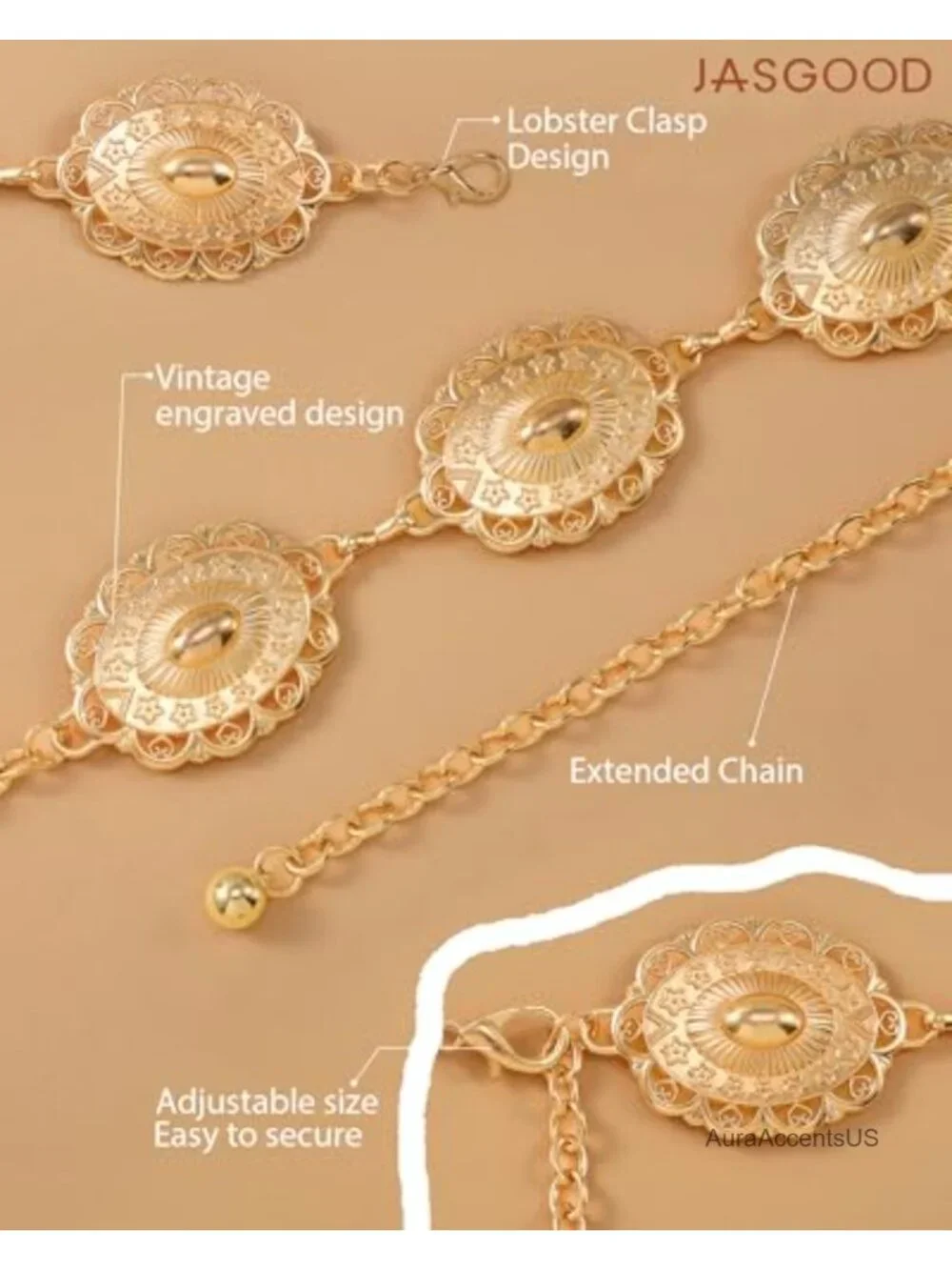 Vintage Western Boho Concho Chain Belt for Women Dresses Jeans Concert Outfit